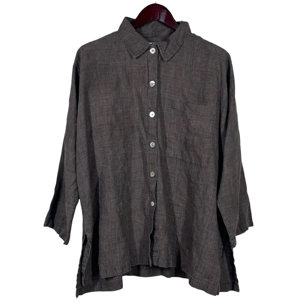 Carol Turner Collection CTC Oversized Button Up Top Size L Linen Brown Glencheck